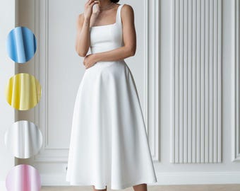 Minimalist White Midi Dress for Women, Square Neck Sleeveless Dress, Modern Bridal Shower Dress