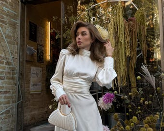 Ivory Silk Mini Dress, Long Sleeve Open Back Bow Tie, Elegant Bridal Shower Reception