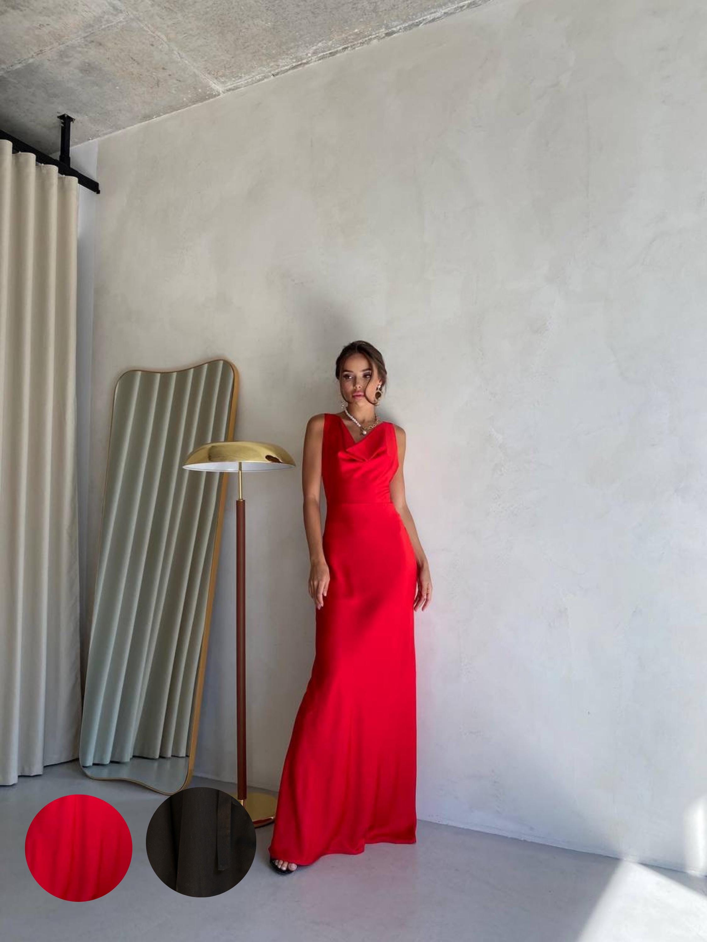 Red Satin Cowl Neck Dress - Etsy