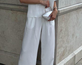 White Satin Two Piece Set, Wide Leg Pants, Loose Top, Minimalist Bridal Outfit