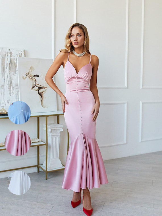 blush pink bodycon midi dress Mermaid Dress, Satin Evening Gown with Spaghetti Straps, V-Neck Formal Party ARRANGE - Maxi Dress Mini_C Color:Pink/Lavender Sleek and ultra