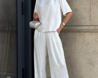White Satin Two Piece Set, Elegant Wide Leg Pants and Loose Top, Minimalist Bridal Outfit