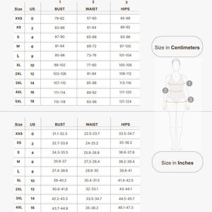 May include: A size chart with measurements in inches and centimeters. The chart includes bust, waist, and hip measurements for sizes XXS to 5XL. A diagram illustrates where to measure the body for each measurement.