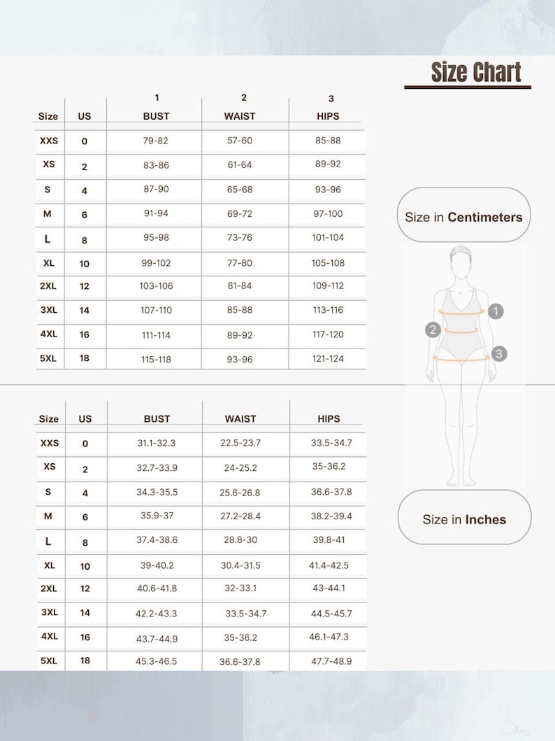 May include: A size chart with measurements in inches and centimeters. The chart includes bust, waist, and hip measurements for sizes XXS to 5XL. A diagram illustrates where to measure the body for each measurement.