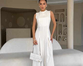 White Wedding Jumpsuit for Bride, Bridal Jumpsuit for Civil Wedding, Elegant Wide Leg Jumpsuit, White Party Outfit