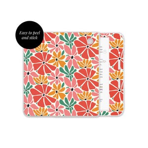 May include: A floral patterned case with a white background, featuring large red, pink, and orange flowers with green leaves. The text "Easy to peel and stick" is on a black circle.