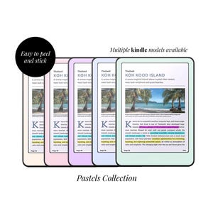 May include: A set of pastel-coloured Kindle skins, each showing the text "KOH KOOD ISLAND" and a tropical beach image. The text "Easy to peel and stick" is on a black circle. The words "Pastels Collection" are at the bottom of the image.