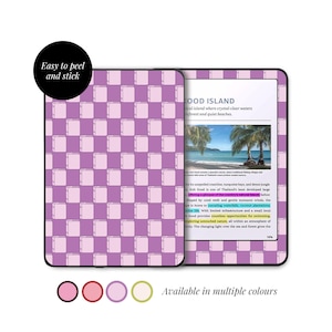 May include: A tablet case with a purple and pink checkered pattern. The screen shows text and a beach scene. A black circle says "Easy to peel and stick". The text "Available in multiple colours" is at the bottom.