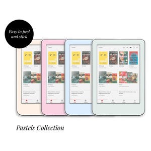 May include: Four e-readers in pastel colors—cream, pink, light blue, and light gray—are displayed side-by-side. Each screen shows a digital library interface with book covers. A black circular badge reads "Easy to peel and stick."