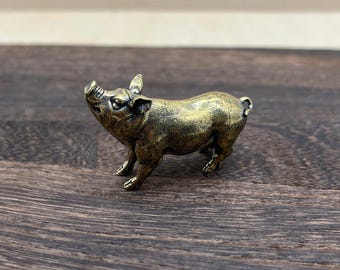 Mini Brass Pig Figurine, Antique Tone Desk Decor, Whimsical Animal Ornament