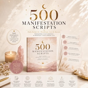 May include: A collection of 500 manifestation scripts featuring a book with a sunset mountain landscape, gold text, and celestial icons. Includes five printed cards labeled Money, Love, Success, Self-Concept, and Daily Inspiration scripts.