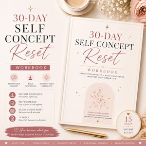 Peut inclure: Un cahier d'exercices 30-Day Self Concept Reset avec une couverture crème ornée de motifs d'arches florales roses, d'étoiles dorées et de textes comme Rewire Your Mindset, Build Confidence et Manifest Your Dream Life. Inclut un badge 15 pages.