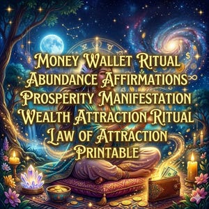 May include: Digital art print featuring a woman meditating with text overlay: "Money Wallet Ritual, Abundance Affirmations, Prosperity Manifestation, Wealth Attraction Ritual, Law of Attraction, Printable." The image has a celestial background with a full moon, stars, and a galaxy.