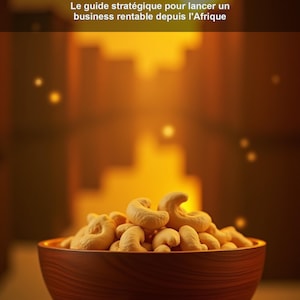 May include: A wooden bowl filled with cashew nuts, with some nuts scattered on the wooden surface. The image has text in French: "Noix de Cajou : Réussir dans l'Import-Export" and "Le guide stratégique pour lancer un business rentable depuis l'Afrique."