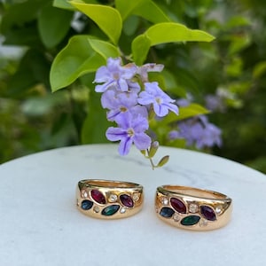 Vintage 18K GE Gold Tone Multicolor Crystal Ring | Jewel Tone Statement Band | Old Money Glam Regencycore Jewelry