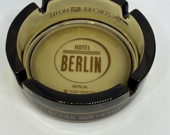 Vintage Zurich Hotel Berlin Amber Glass Ashtray | Mid Century Modern Smoky Glass