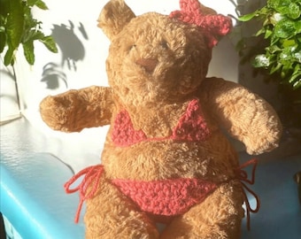 Handmade Crochet String Bikini Outfit for Jellycat Bartholomew Bear – Acrylic Yarn Tie Back