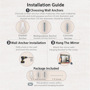 Puede incluir: Gu&iacute;a de instalaci&oacute;n con diagramas para elegir, instalar y usar anclajes de pared para colgar un espejo. Incluye ilustraciones de anclajes para paneles de yeso, multiusos y hormig&oacute;n, un taladro y un espejo. El paquete incluye 3 anclajes de pared, 1 tornillo y un soporte de montaje preinstalado.
