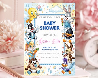 Editable Looney Tunes Baby Shower Invitation | Printable Canva Template | Instant Digital Download