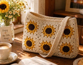 Sunflower Granny Square Crochet Bag Pattern | Easy Tote Purse Tutorial (PDF)