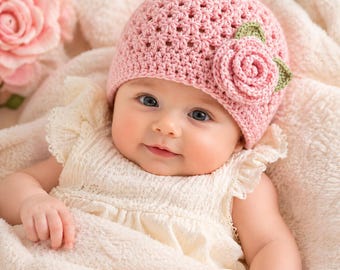 Star Stitch Crochet Baby Hat Pattern, Rose Flower Beanie, Newborn Crochet (PDF)
