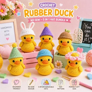 May include: A collection of six yellow crochet rubber duck toys, each wearing a different hat. The hats include a bunny ear hat, a purple party hat, a brown hat with a leaf, a green cone hat, a blue beanie, and a pink flower hat. The image includes text that says "CROCHET RUBBER DUCK".