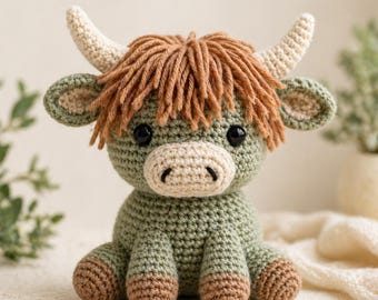 Highland Cow Crochet Pattern PDF: Amigurumi Plush Toy, Sage Green Fluffy Hair (Instant Download)