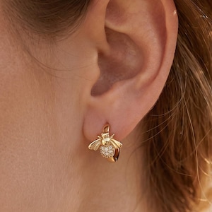 Gold Filled Bee Hoop Earrings,CZ Bumble Bee Huggie Hoops,Cute Minimalist Gold Earrings Gift