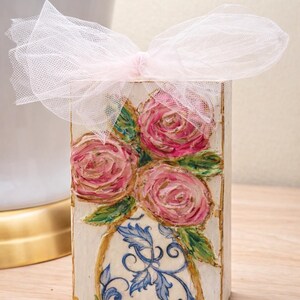 Hand Painted Wood Block Decor Floral