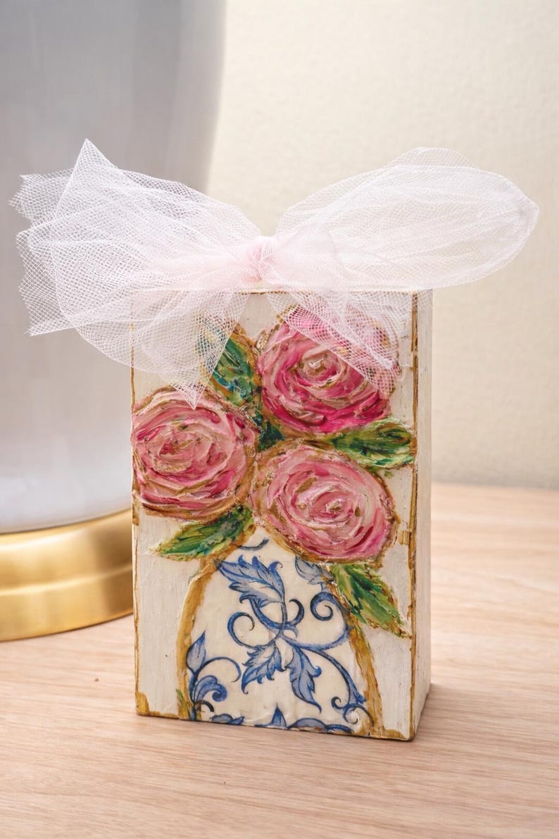 Hand Painted Wood Block Decor Floral