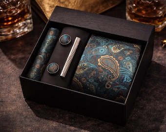 Handgefertigte Seidenkrawatte Geschenkset - Paisley Krawatte, Manschettenknöpfe & Einstecktuch