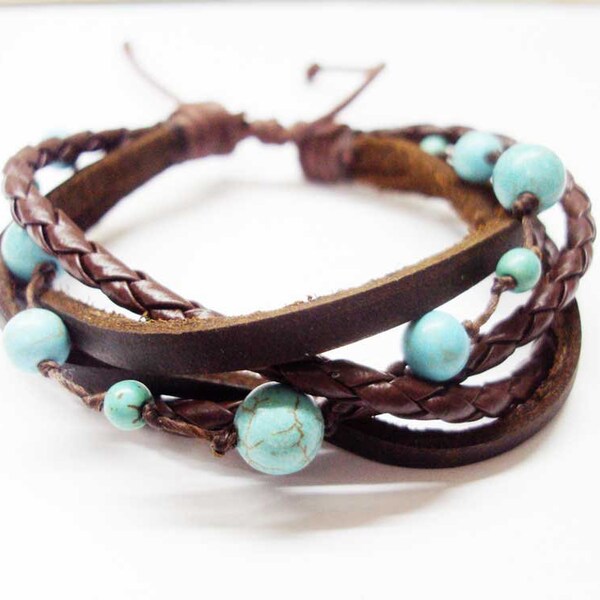 Turquoise,dark brown leather Bracelet