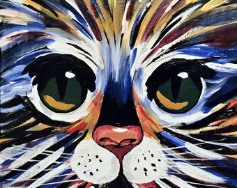 Colorful Kitty Original Abstract Cat Portrait Painting Acrylic on Canvas 20"x20" by Andrzej Smykot AndyArtGallery