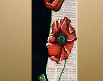 Original Painting Red Poppies on Canvas Covered with old book pages stretched Ready to Hang