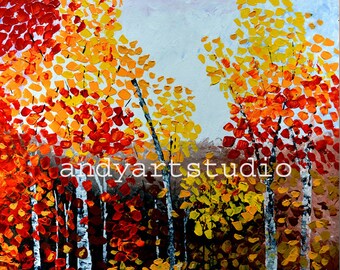 Original Birch Forest Painting Art Tree Forest Landscape Palette Knife Impasto Autumn Birch Tree Painting Birch Wall Art.Modern Wall Decor