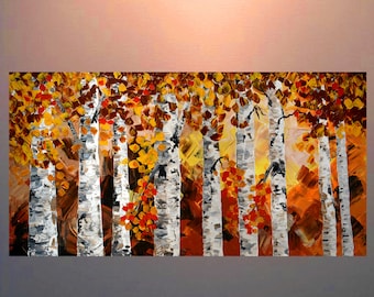 Autumn birch acrylic forest painting on stretched canvas 24 inch by 36 inch