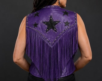 Handmade Women’s Purple Leather Fringe Vest – Western Cowgirl Studded Star Biker Boho Festival Waistcoat