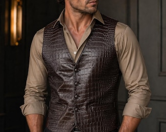 Men's Crocodile Embossed Leather Vest, Genuine Cowhide Biker Waistcoat, Handmade Fashion Button Front
