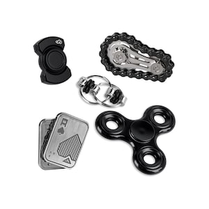 May include: A collection of fidget toys, including a black spinner, a chain-link design, a pair of silver keychains, a black spinner with a logo, and two metal playing cards with an ace of spades design.