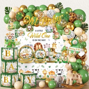 May include: A baby shower decoration set with a jungle theme. The set includes green, gold, and white balloons, paper plates, and decorative blocks spelling "BABY". The text "Oh Baby" and "A Little Wild One Is On The Way!" are also visible.