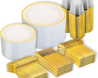 600 Piece Black/White And Gold Plastic Dinnerware Set Elegant Disposable Plates For 100 Guests