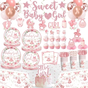 May include: A collection of pink baby shower decorations, including balloons, plates, cups, and a cake. The decorations feature the text "Sweet Baby Girl" and "It's a Girl". The color scheme is primarily pink and white.