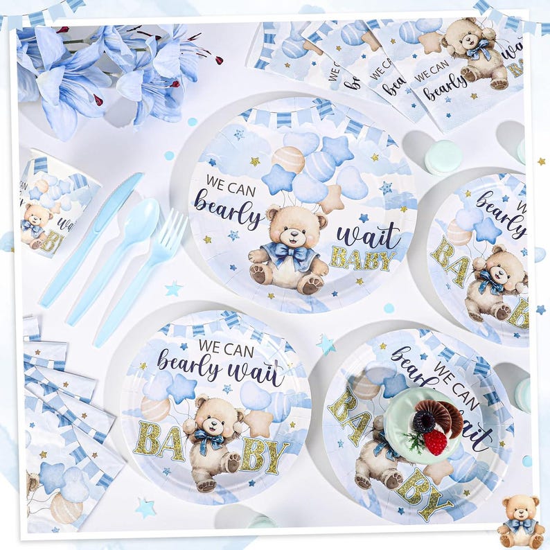 We Can Bearly Wait – Teddy Bear Baby Shower Tableware Set (serves 25 ...