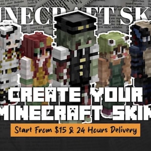 May include: Image featuring several Minecraft skin designs. The text "MINECRAFT SKIN" is at the top, with "CREATE YOUR MINECRAFT SKIN" below. The skins are pixelated and colorful, showcasing various character designs. The background is a collage of newspaper clippings.