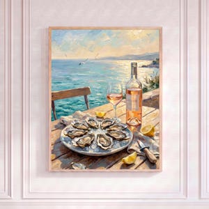 May include: Oil painting depicting a table set for a meal with a coastal view. A bottle of rosé wine, a glass of wine, a plate of oysters, and lemon wedges are on the table. A knife rests beside the plate.