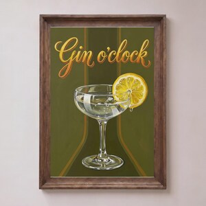 Gin O'Clock Vintage Cocktail Poster, Retro Bar Cart Wall Art, Olive Green Print