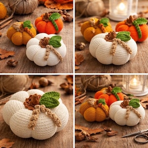 May include: A collection of handmade crochet pumpkins in various colors, including white, orange, and yellow. Each pumpkin features a brown stem, green leaves, and a decorative vine. The pumpkins are arranged on a rustic wooden surface, evoking a fall theme.