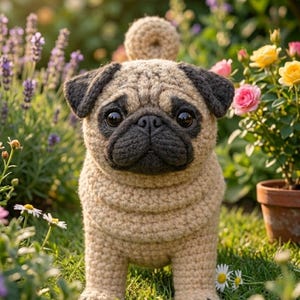 Amigurumi Pug Crochet Pattern – Realistic Standing Dog Toy De ENG Jpn DE (PDF Download)