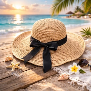 Crochet Beach Sun Hat Pattern, Wide Brim Raffia Style Tutorial PDF Download