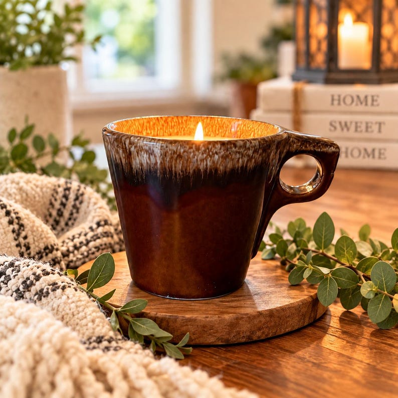 May include: A ceramic mug candle featuring a reactive glaze finish in shades of deep brown and cream. The mug has a wide, rounded handle and contains a lit candle with a single flame. The exterior displays a smooth, glossy texture with a dark drip effect.